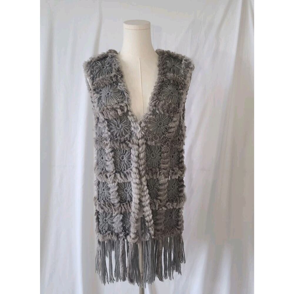 Love Token Gray Rabbit Fur Crochet Fringe Sweater Vest Small Medium